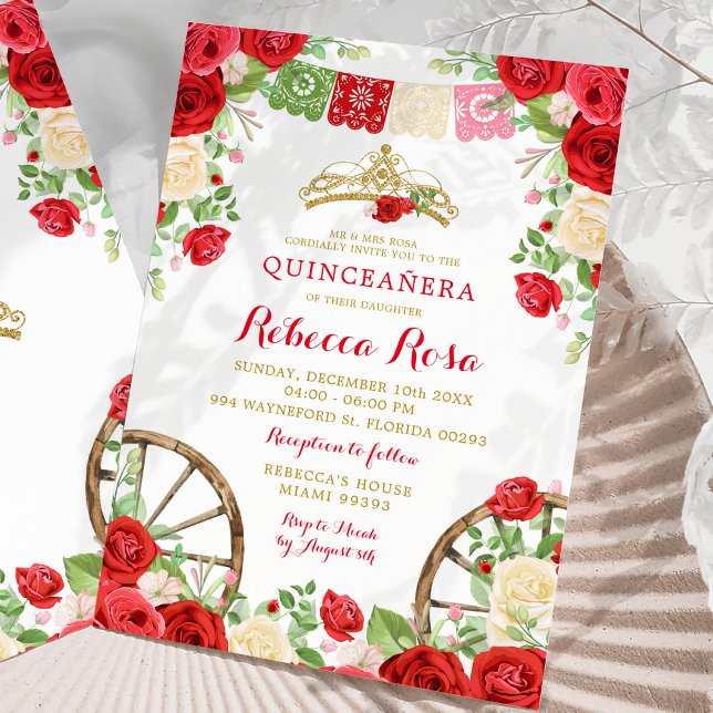 White Red Flowers Colourful Fiesta Quinceañera Invitation (Creator Uploaded)