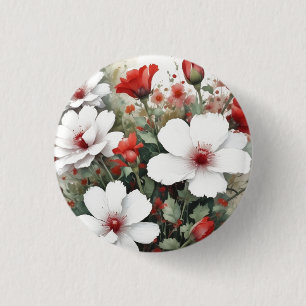 White & Red Flowers Elegant Watercolor 3 Cm Round Badge