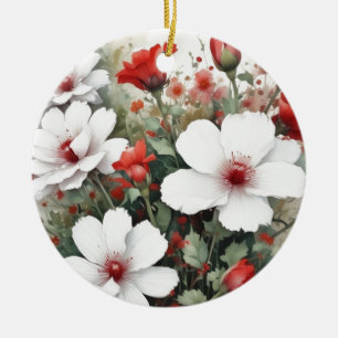 White & Red Flowers Elegant Watercolor Ceramic Ornament