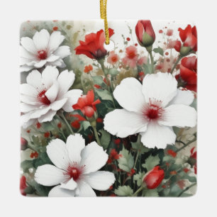 White & Red Flowers Elegant Watercolor Ceramic Ornament