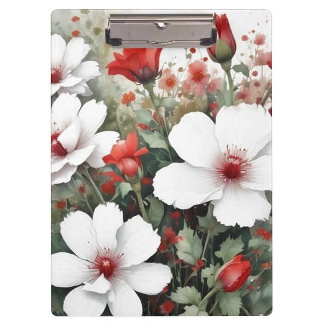 White & Red Flowers Elegant Watercolor Clipboard (Front)