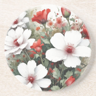 White & Red Flowers Elegant Watercolor Coaster