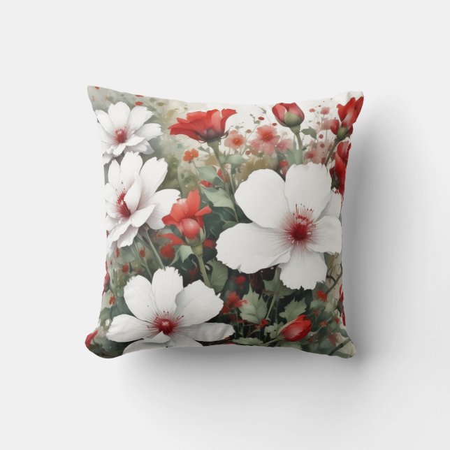 White & Red Flowers Elegant Watercolor Cushion (Front)