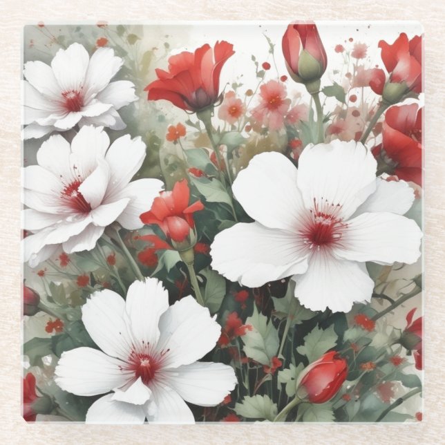 White & Red Flowers Elegant Watercolor Glass Coaster (Front)