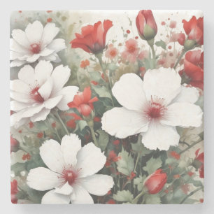 White & Red Flowers Elegant Watercolor Stone Coaster