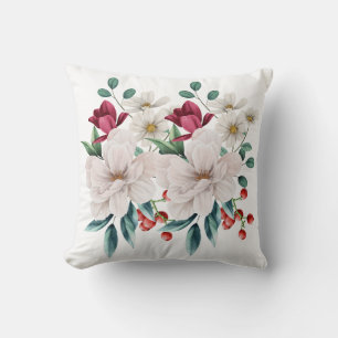 White Red Flowers Floral Greenery Red Berries Gift Cushion