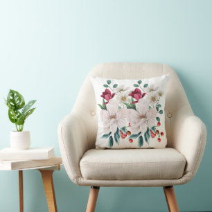 White Red Flowers Floral Greenery Red Berries Gift Cushion