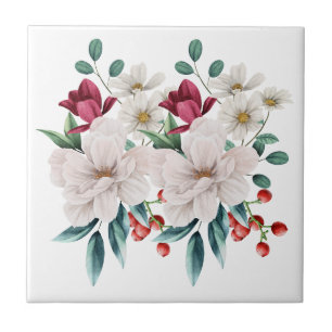 White Red Flowers Floral Kitchen Bathroom Remodel  Ceramic Tile