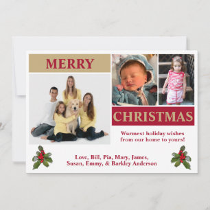 White, Red, & Gold Modern 3 Photo Christmas Card