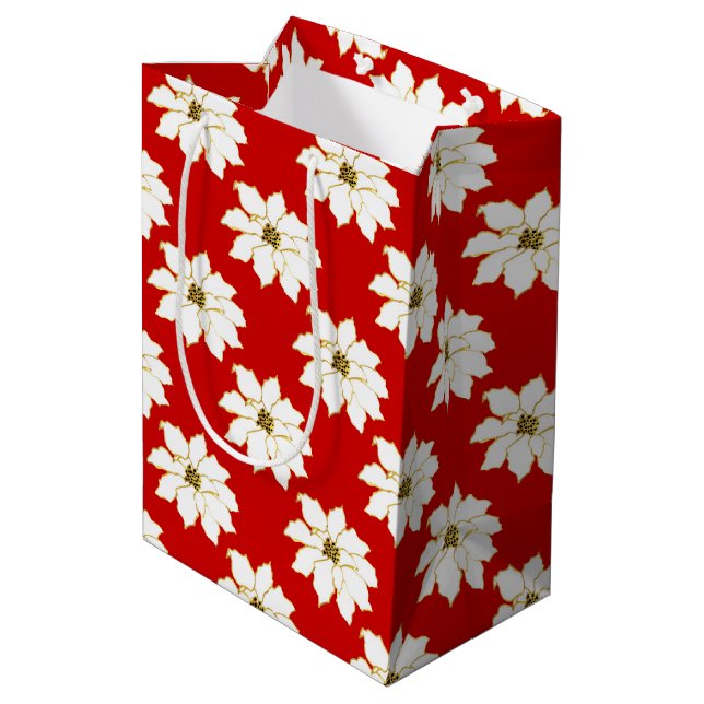 White Red Gold Poinsettia Pattern   Medium Gift Bag (Back Angled)