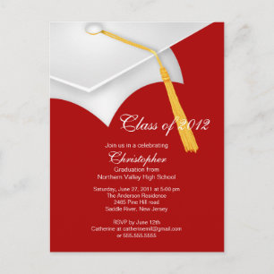White Red Grad Cap Graduation Party Invitation Postcard