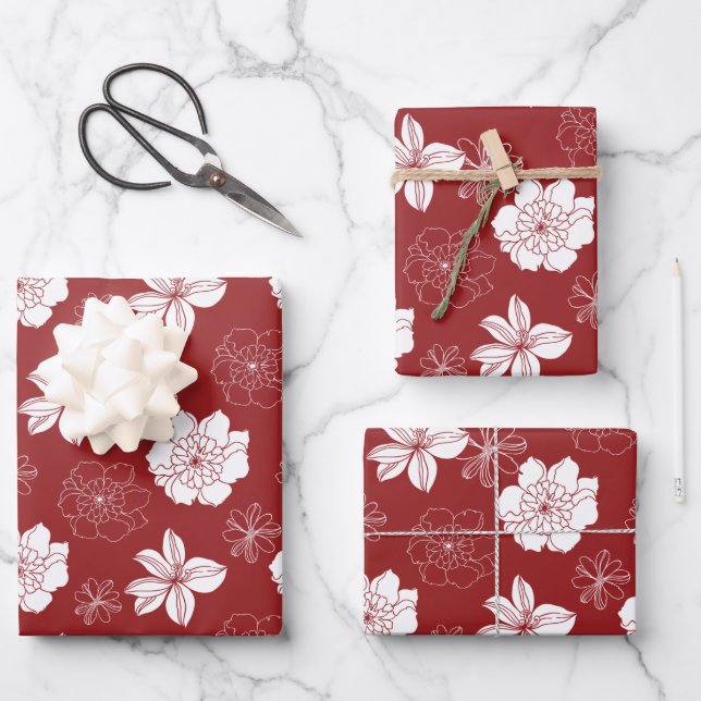 White & Red Graphic Floral Pattern Wrapping Paper Sheet (Front)