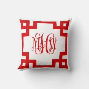 White Red Greek Key Vine Monogram DIY BG Cushion