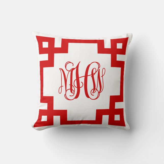 White Red Greek Key Vine Monogram DIY BG Cushion (Front)