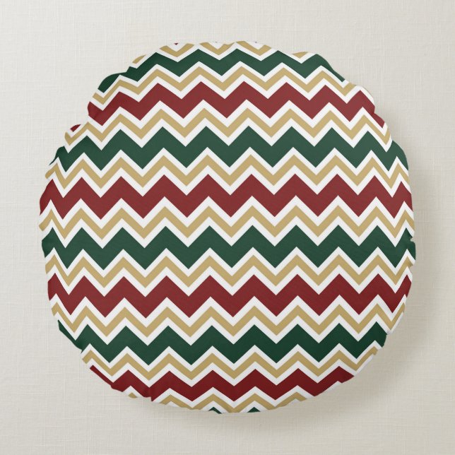 White Red Green Beige Chevron Pattern Round Cushion (Front)