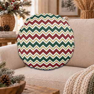 White Red Green Beige Chevron Pattern Round Cushion