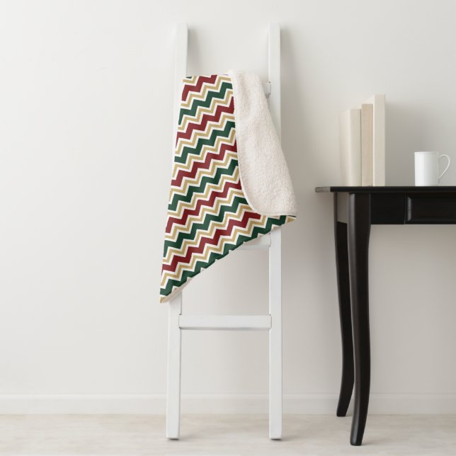 White Red Green Beige Chevron Pattern Sherpa Blanket (In Situ)