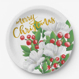 White Red Green Floral Gold Merry Christmas Paper Plate