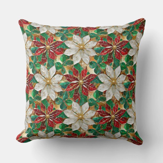 White Red Green Gold Poinsettia Cushion (Front)