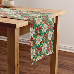White Red Green Gold Poinsettia Medium Table Runner