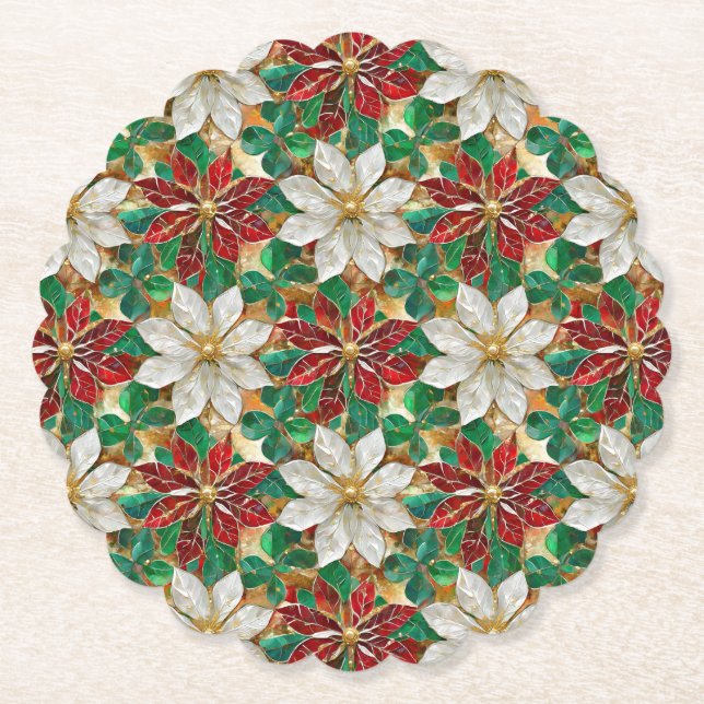White Red Green Gold Poinsettia Paper Coaster (Front)