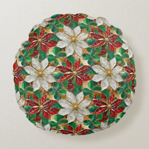 White Red Green Gold Poinsettia Round Cushion