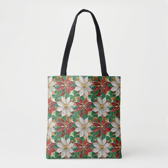 White Red Green Gold Poinsettia Tote Bag (Front)