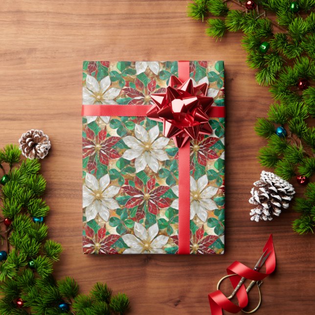 White Red Green Gold Poinsettia Wrapping Paper (Holiday Gift)
