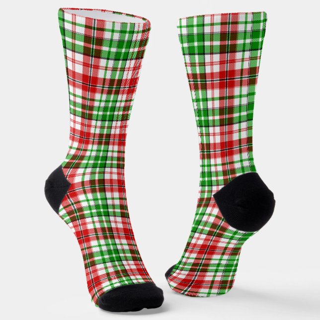 White Red Green Plaid Tartan Design  Socks (Angled)