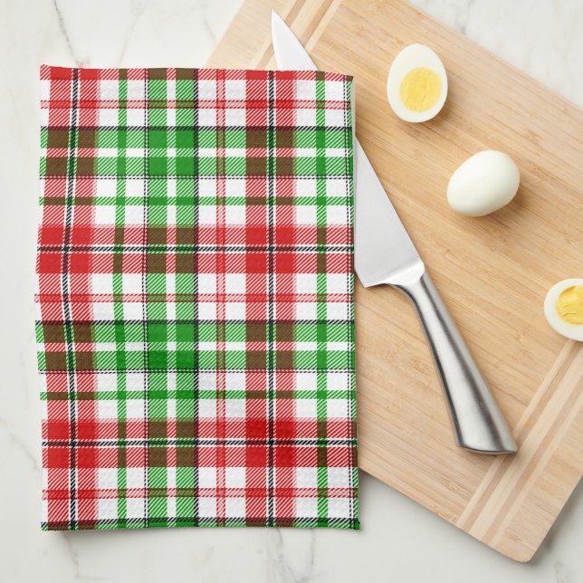 White Red Green Plaid Tartan Design  Tea Towel (Quarter Fold)