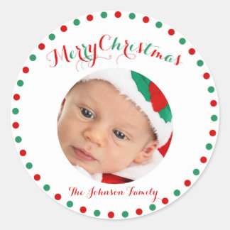 White Red Green Round Photo Christmas Stickers