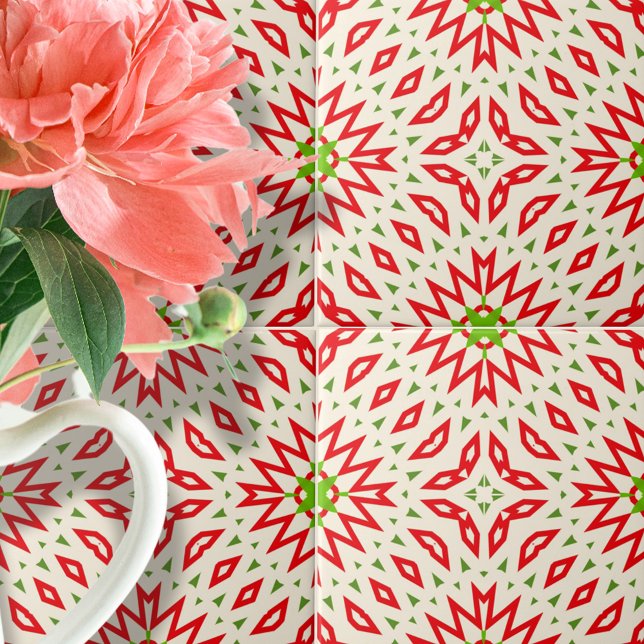 White Red Green Symmetrical Geometric Pattern Ceramic Tile (Creator Uploaded)
