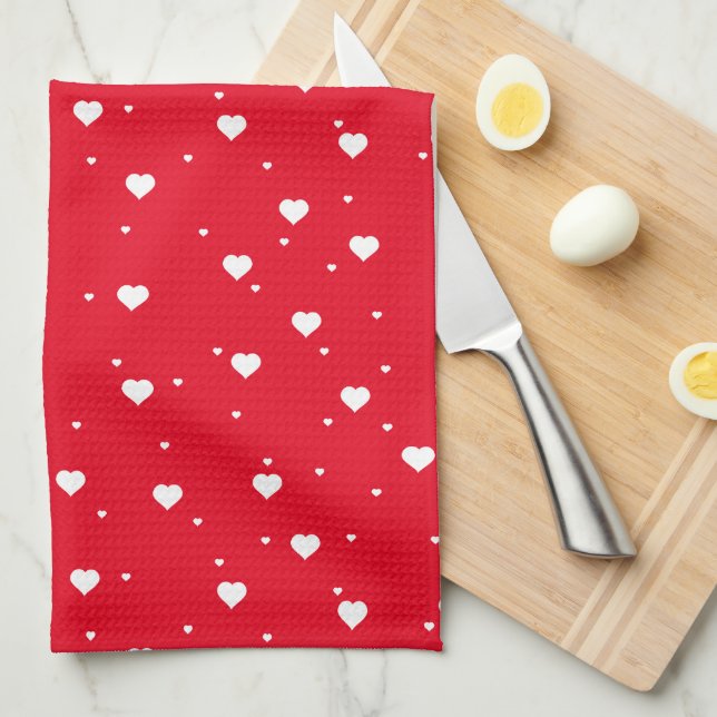 White & Red Hearts Pattern Tea Towel (Quarter Fold)