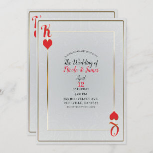 White Red King & Queen of Hearts Elegant Wedding Invitation