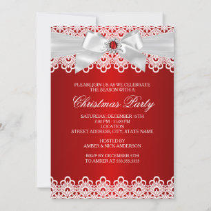 White Red Lace Jewel Bow Christmas Party Invite
