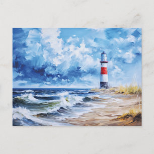 White red Lighthouse of Baltic Sea coast. Art Postcard