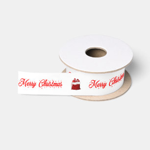 White Red Merry Christmas with Santa Gift Bag Satin Ribbon