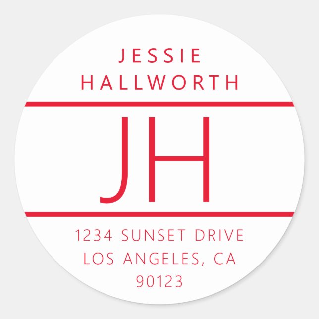 White & Red Modern Looking Return Address Classic Round Sticker (Front)