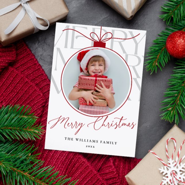 WHITE RED MODERN TYPOGRAPHY PHOTO ORNAMENT  HOLIDAY CARD (Creator Uploaded)