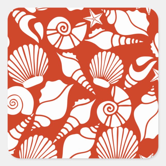 White Red Ocean Nautical Seashells Pattern Square Sticker (Front)