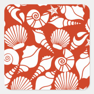 White Red Ocean Nautical Seashells Pattern Square Sticker
