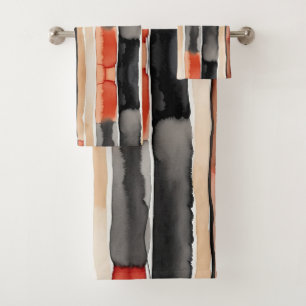 White Red peach and black abstract stripes Bath Towel Set