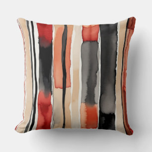 White Red peach and black abstract stripes Cushion