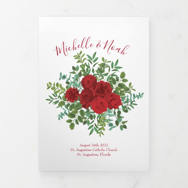 White & Red Peony & Rose Floral Wedding Programs Tri-Fold Programme (Cover)