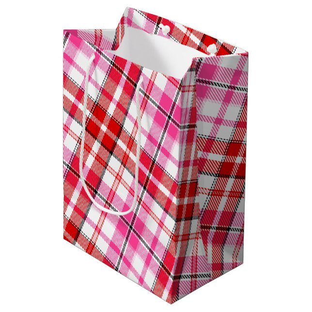 White Red Pink Plaid Tartan Design  Medium Gift Bag (Front Angled)