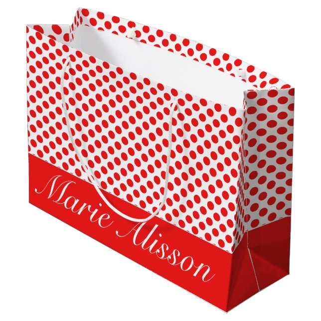 white Red Polka dots | custom monogramme unique Large Gift Bag (Back Angled)