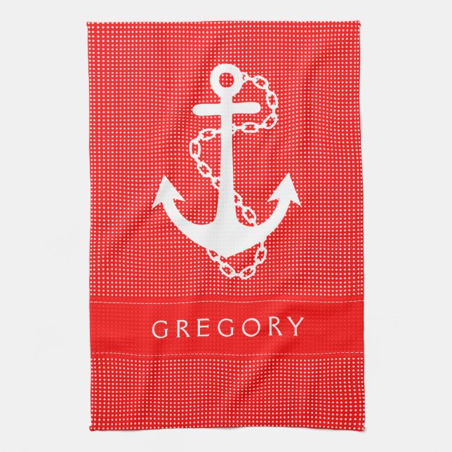 White & Red Polkadot With Nautical Boat Anchor 2 Tea Towel (Vertical)