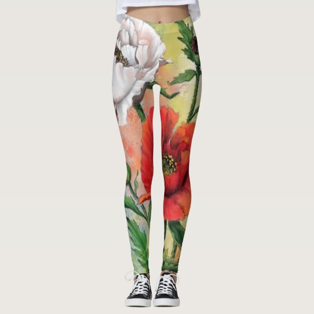 White Red Poppies Leggings (Front)