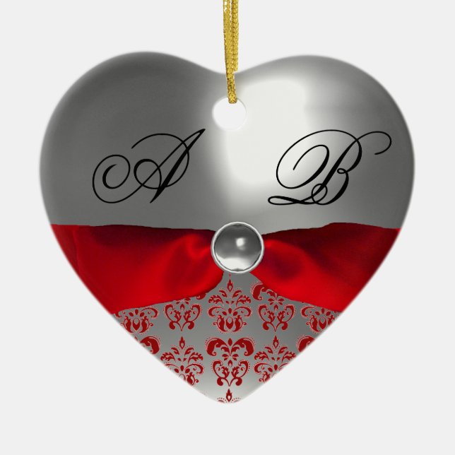 WHITE RED RIBBON DAMASK GEM STONE MONOGRAM CERAMIC ORNAMENT (Front)