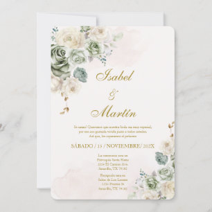White & Red Rose Elegant Wedding Spanish Invitation